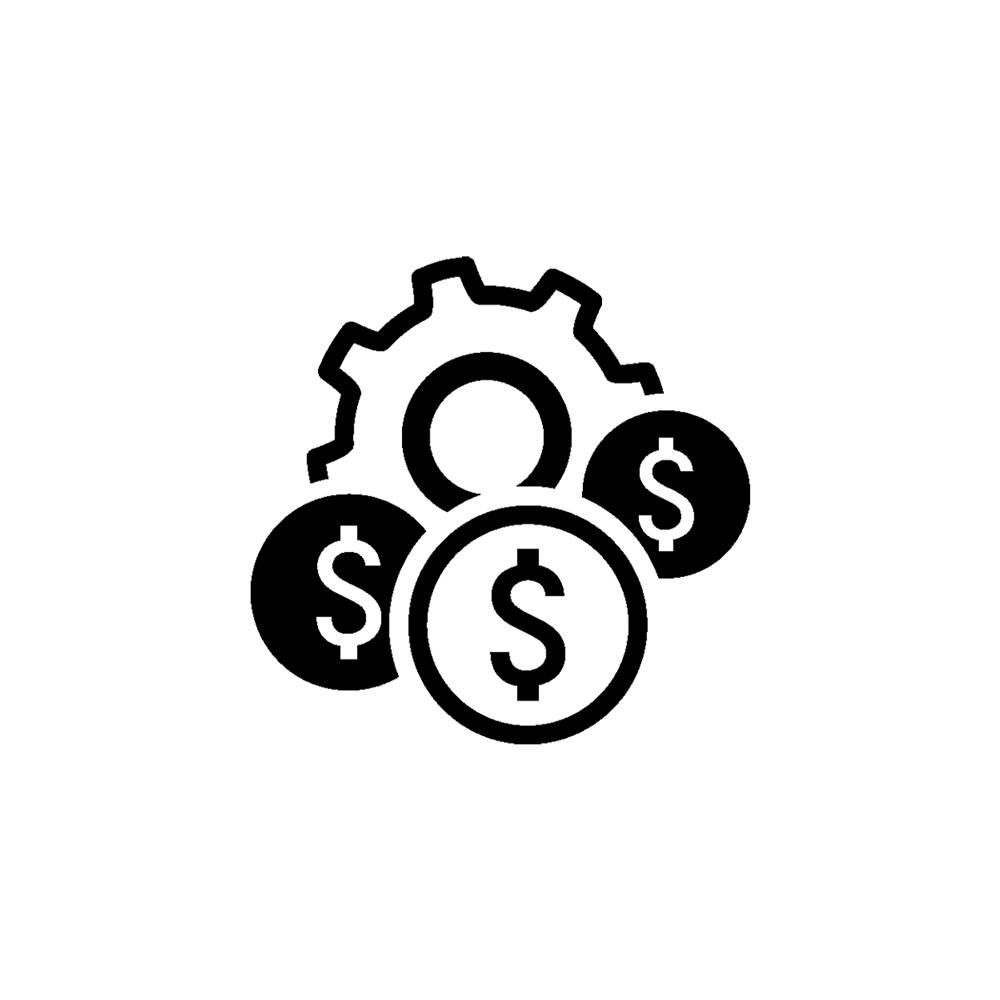 A gear behind 3 coins with the dollar sign.