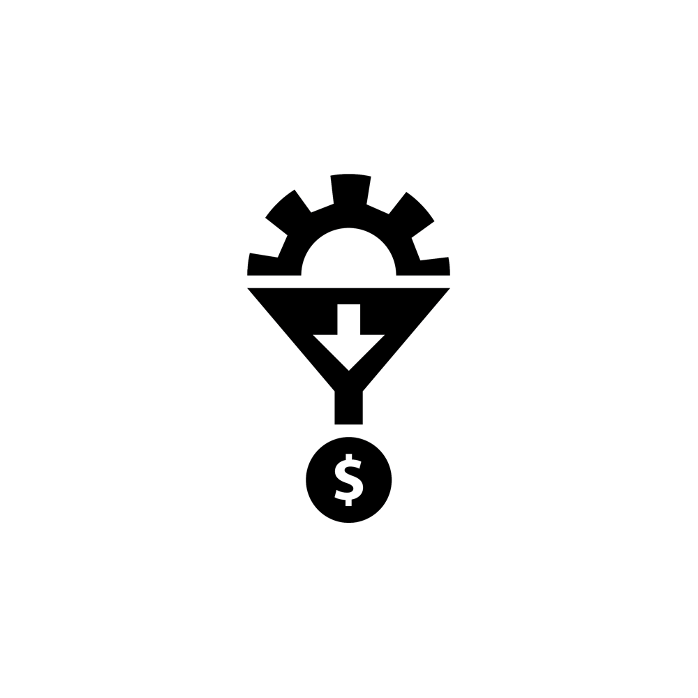 One-half of a gear on top of a funnel with a downward arrow that makes a dollar sign to represent money.