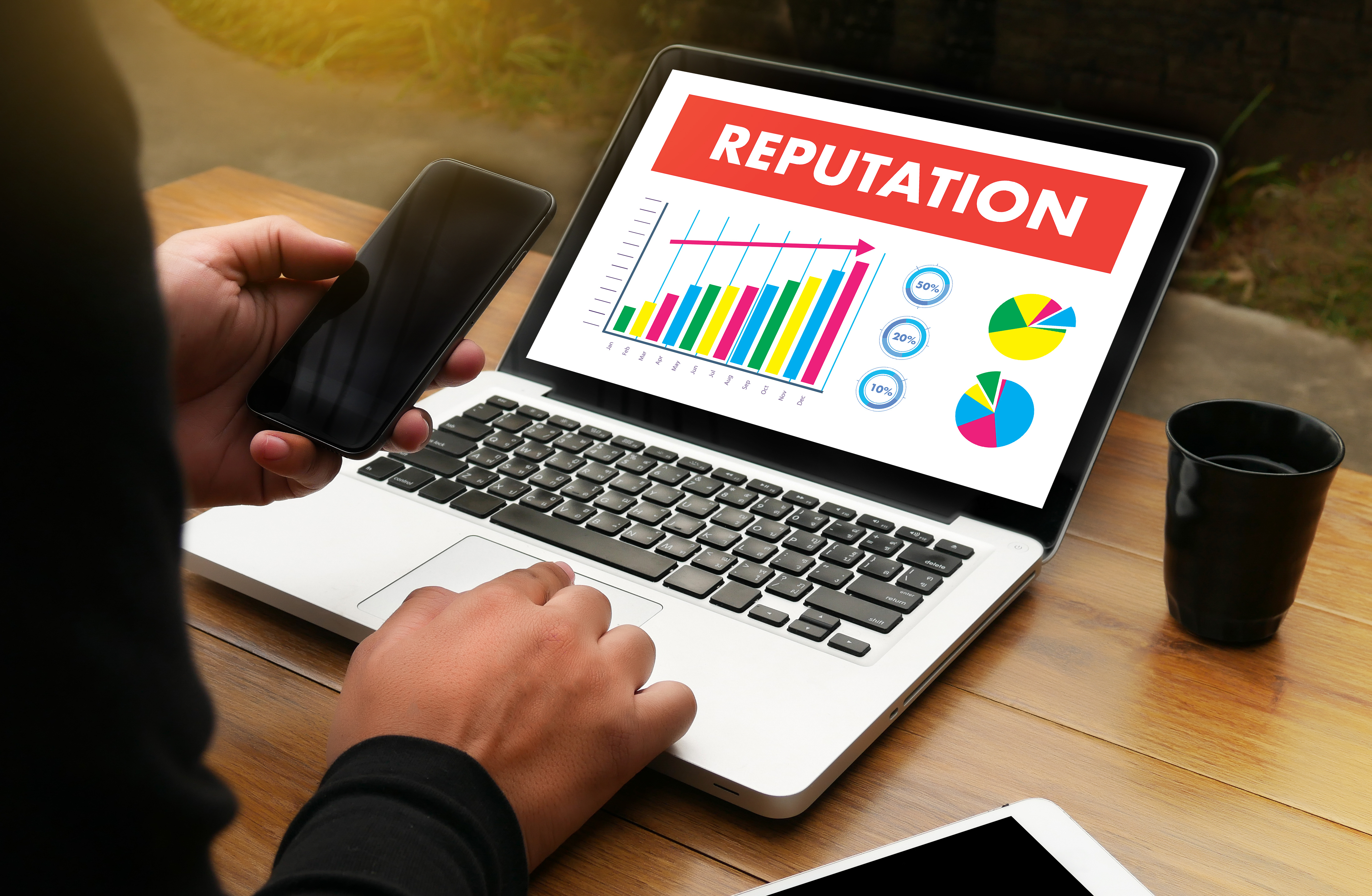A person looking at an image on a laptop of a colorful bar graph and pie charts with the word reputation while holding a phone and with a drink on their desk.